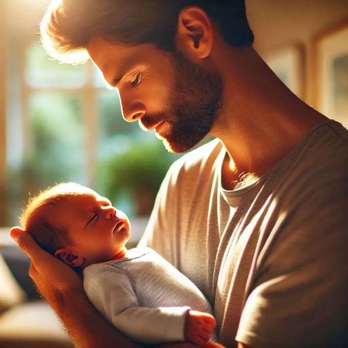Father cradling newborn